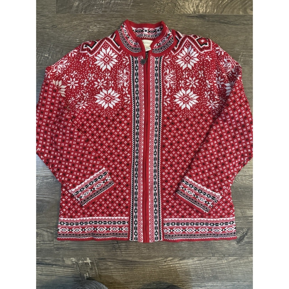 Appleseed's  Fair‎ Isle Nordic Cardigan Sweater Women L Berry Cottagecore